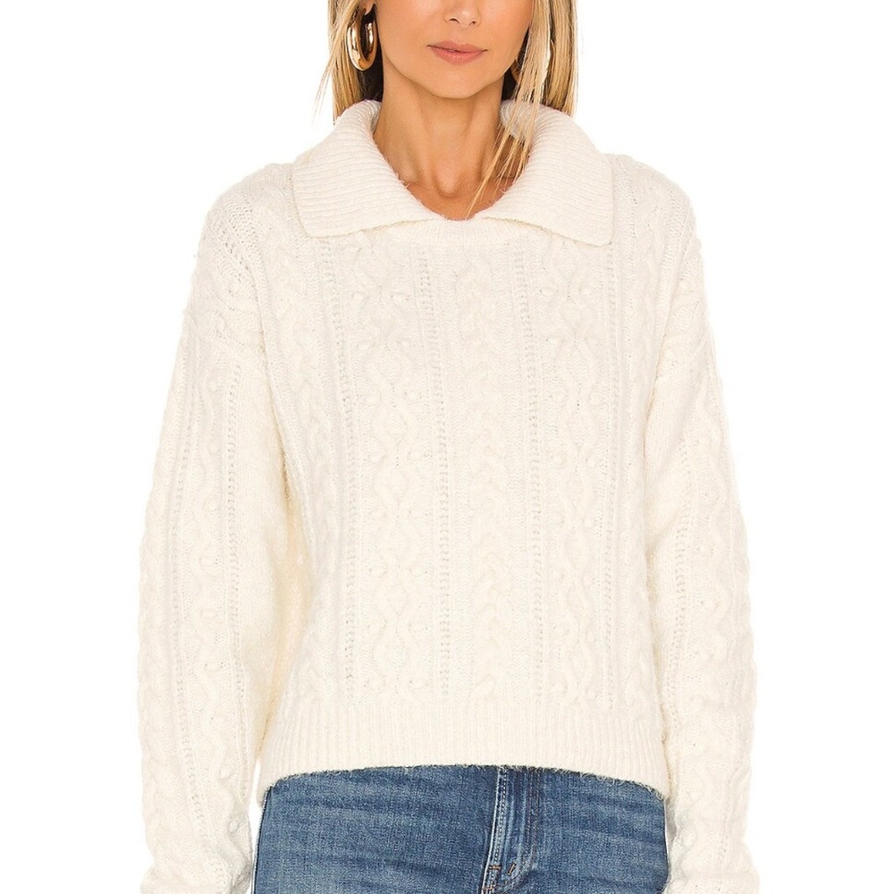 Free People Cream Cable Knit Collared Cropped Sweater Size‎ L